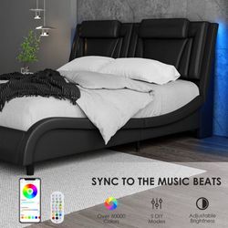 King Size Black PU Upholstered Low Profile Platform Bed with LED Light