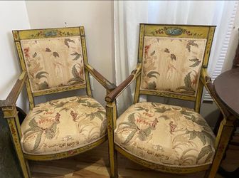 Pair of Antique French Fauteuil Chairs Yellow Armed Wood Shabby Chic Louis XVI Style
