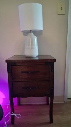 Rustic Wood 2-Drawer Nightstand With Lamp
