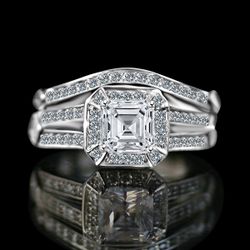 1 CT intense Auscher cut Square Center Diamond Veneer cubic zirconia, halo Settings Engagement/Wedding Sterling Silver Ring. 635R71637