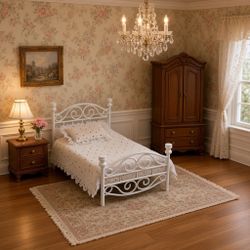 Miniature White Metal Dollhouse Bed with Bedding