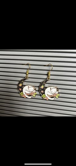 Cat In Moon Dangling Earrings