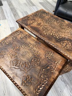 Set of 3 Hand-Carved Wooden Nesting Tables