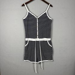 Women's Navy White Striped Button Romper