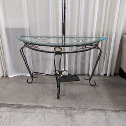 Ornate Black Metal Console Table with Glass Top