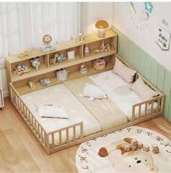 Full Size Montessori Floor Bed with Integrated Bookshelf