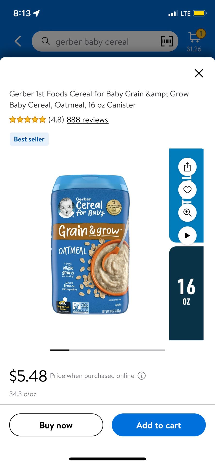 Gerber 1st Foods Cereal for Baby Grain &amp; Grow Baby Cereal, Oatmeal, 16 oz Canister