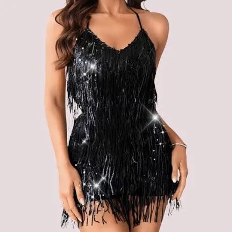 Sequin Fringe Romper,Sparkly Black Glitter Metallic Jumpsuits Women size 4/6 NWT Fabric type 95% Polyester, 5% Elastane / Metallic / Glitter / Spark
