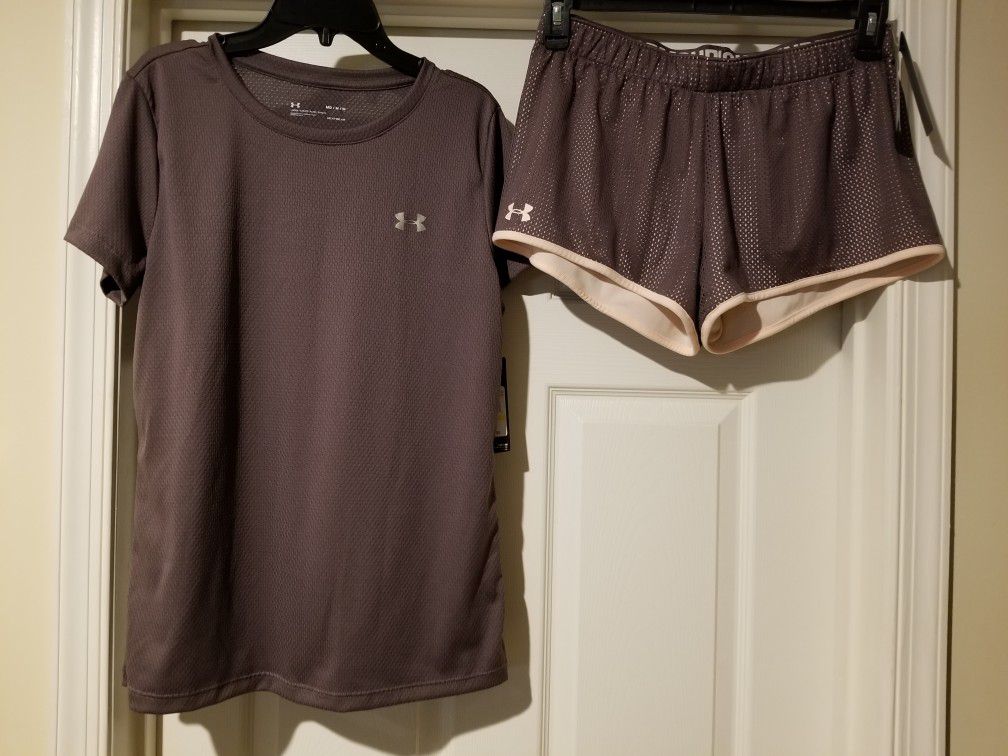 NWT Women's Under Armour Shirt And Shorts Size Medium Gray