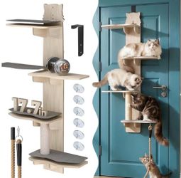 2026 New 4-Level Over Door Cat Tree, with (6 Suction Cups & Climbing Rope and Adjustable Hooks), Door Hanging Cat Shelf with 17.7in Perch – Over The D