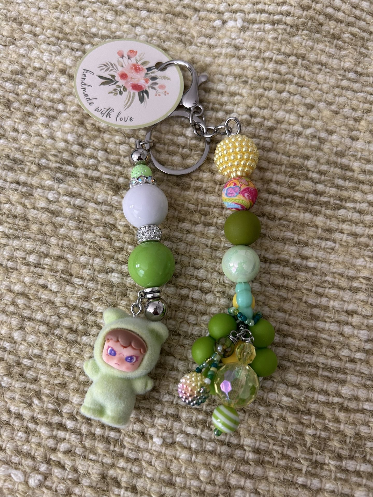 Lime Green Bear Doll Beaded Keychain