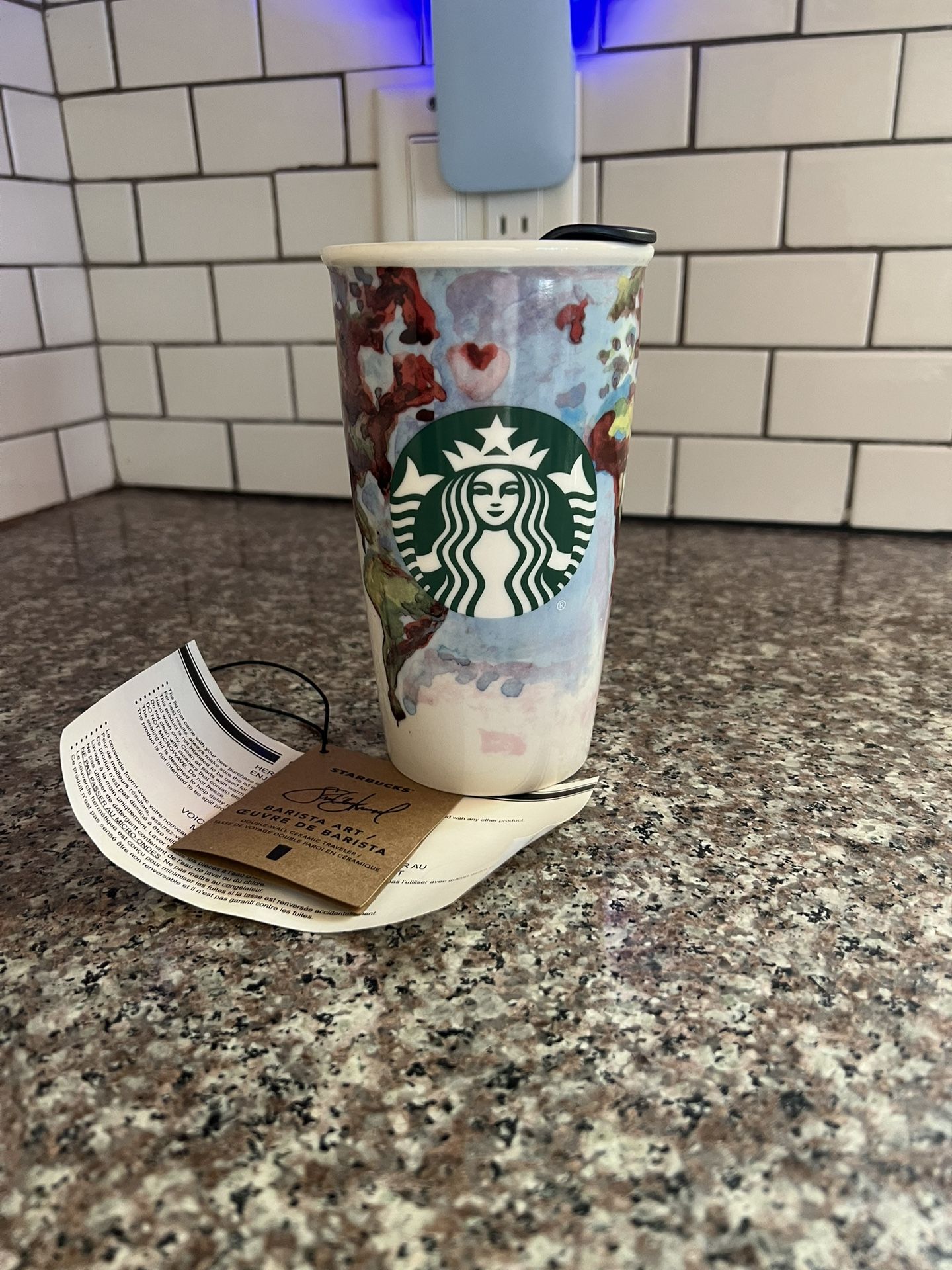 New With Tags Starbucks 2015 Watercolor World Map Double-Wall Ceramic Traveler Mug With Lid 
