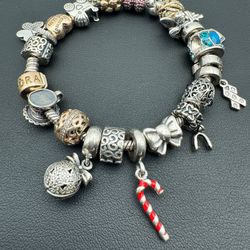 Pandora 925 sterling silver gold  7.5” charm bracelet with 22 charms