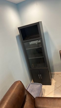 Black Media Tower Cabinet with Glass Doors