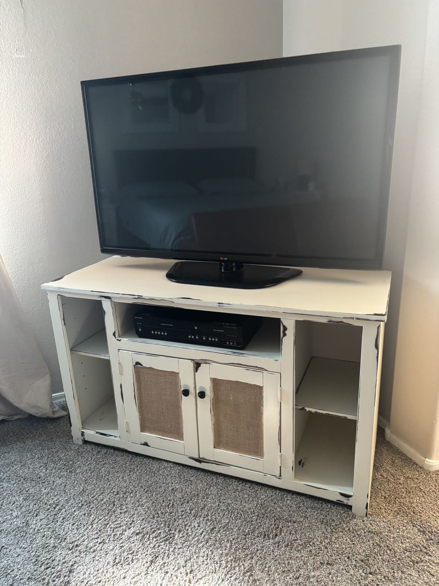 💙 Farmhouse tv stand off white table entertainment unit accent side burlap rustic console cabinet