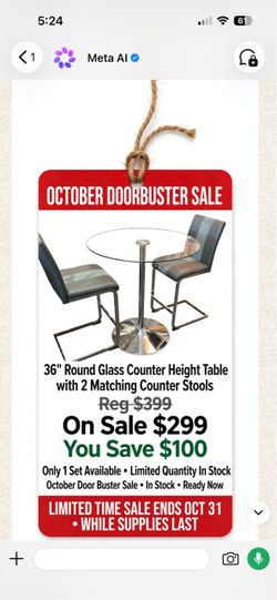 36 round glass counter height table with 2 matching counter stools reg $399 on sale $299