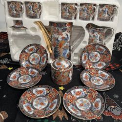VINTAGE Arita Imari Demitasse 16PC Porcelain Tea Set Peacock China Set *READ*