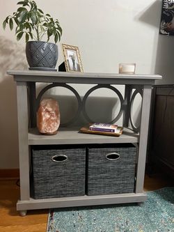 Gray Wood Bookshelf with Storage Baskets