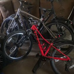 3 Trek Bikes With Trailer, Two Adult Bikes 1 For Child