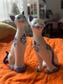 Pair of Ceramic Cat Figurines Blue and White