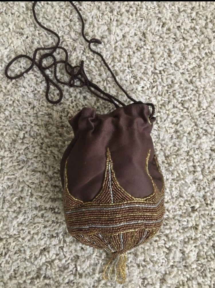 Embroidered purse with bugle beads and drawstring top/Polyester satin