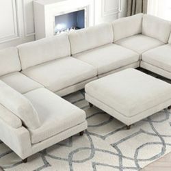 Brand New Beige Corduroy Super Plush Modular Sectional Sofa w Ottoman 