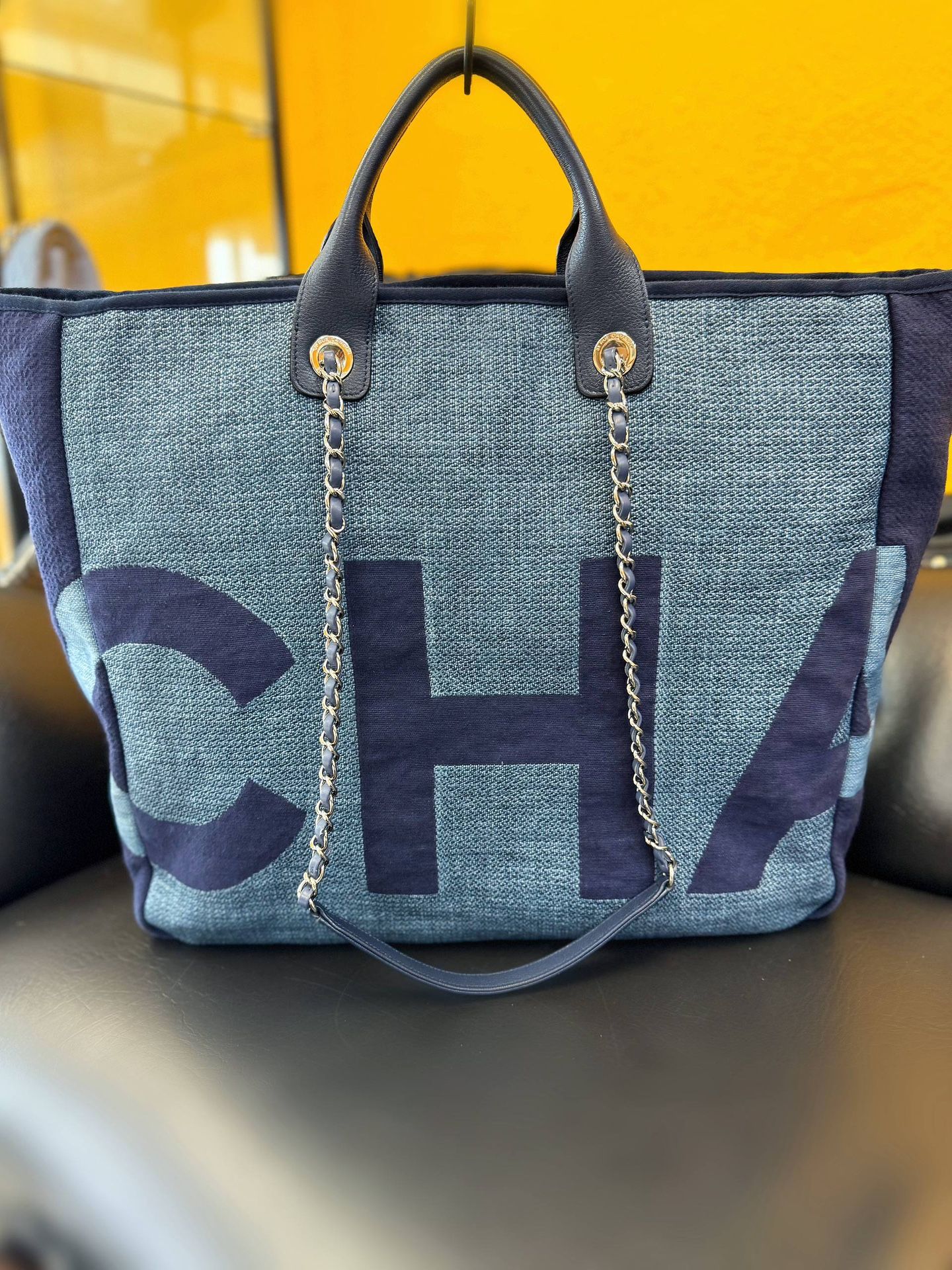 CHANEL Denim Deauville Logo Shopping Chain Tote Large Bag & Card