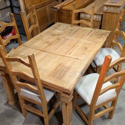Rustic Farmhouse Style Solid Pine Dining Table And 6 Matching Chairs