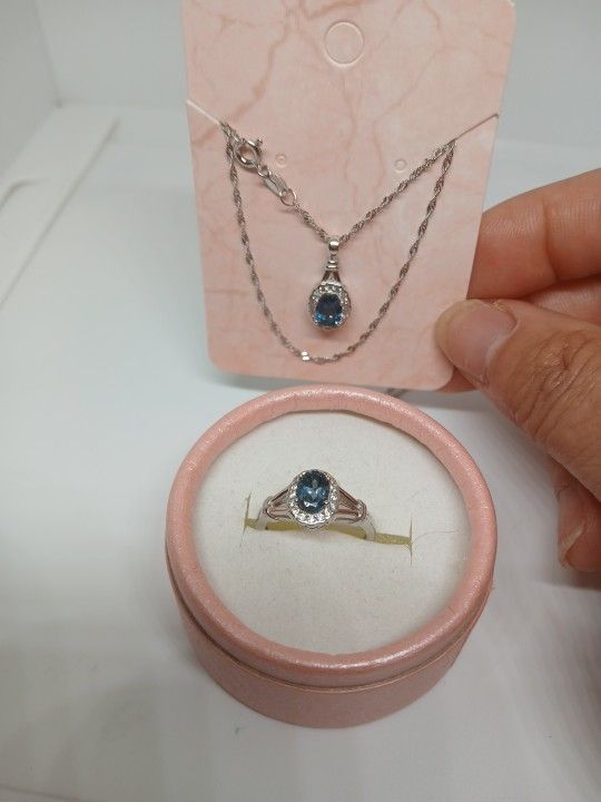 Set S925 Ring Pendant Chain Blue Topaz Ringbsize 6.5US Stome 7xm