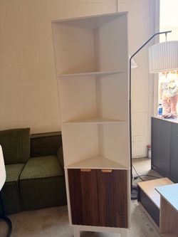 White Corner Bookshelf with wood Grain Cabinet NEW IN BOX 📦