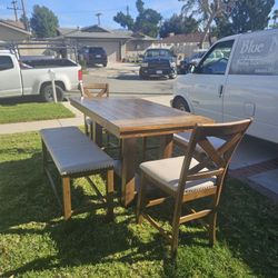 Solid Wood Dining Table With 2 Benches And 2 Chairs 