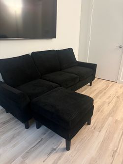 Black Corduroy Sectional Sofa with Ottoman