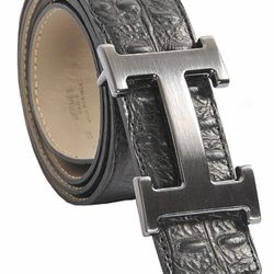 Men's Hermes Crocodile Belt With Silver Engraved Buckle Adjustable Fits 34-44 In Waist.Comes With Box
