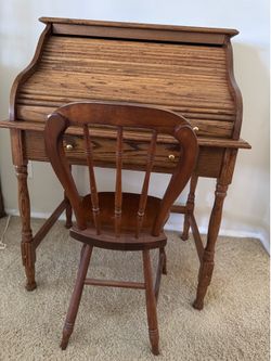 Solid Oak Roll Top Desk With Antique Chair