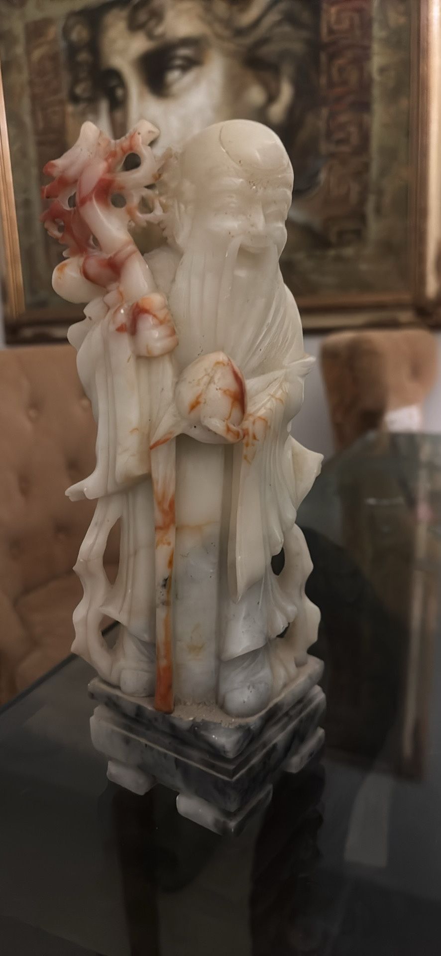 Chinese soapstone carving, likely depicting Shouxing, the God of longevity.