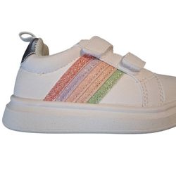 Toddler Girl Shoes with Hook and Loop Easy On Sneakers Glitter Rainbow Casual Shoes White