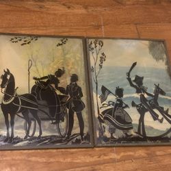 two antique silhouette reverse glass paintings