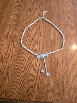 Faux Pearl Necklace with Rhinestone Bow and Crystal Teardrop Drops