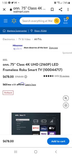 onn. 75” Class 4K UHD (2160P) LED Frameless Roku Smart TV (100044717)