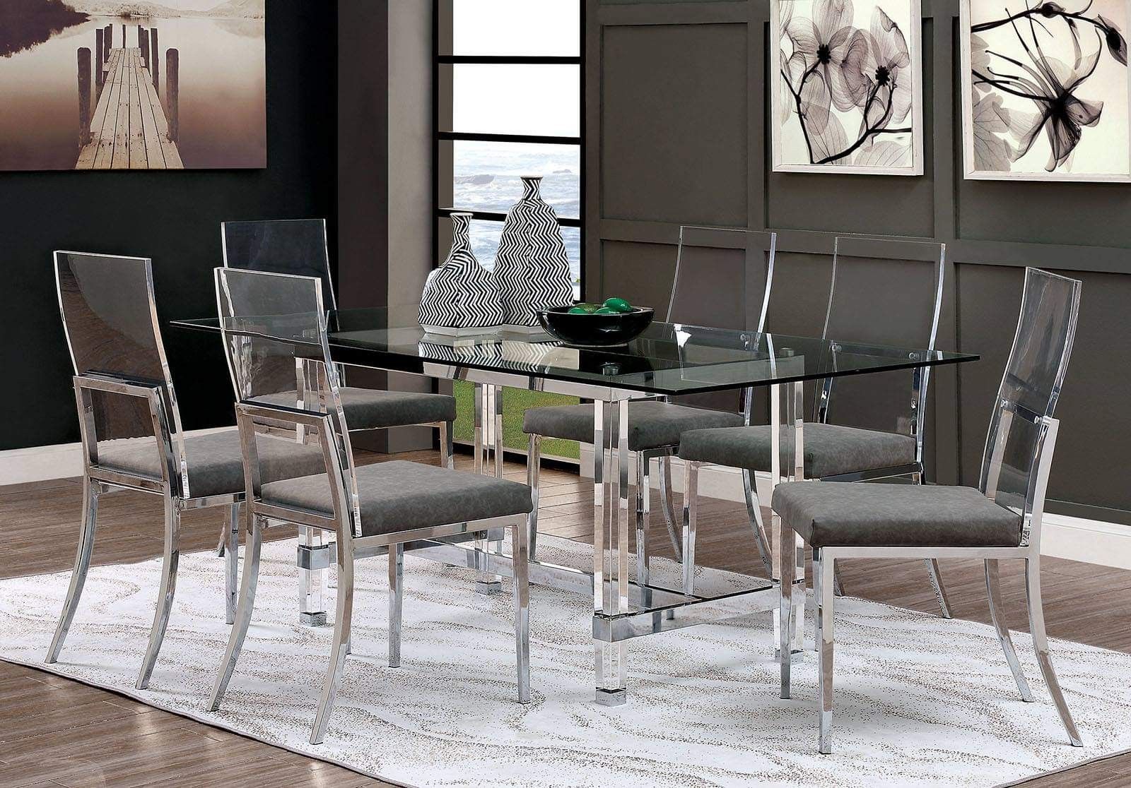 PC DINING TABLE SET Metal Frame Construction Clear Acrylic Legs
