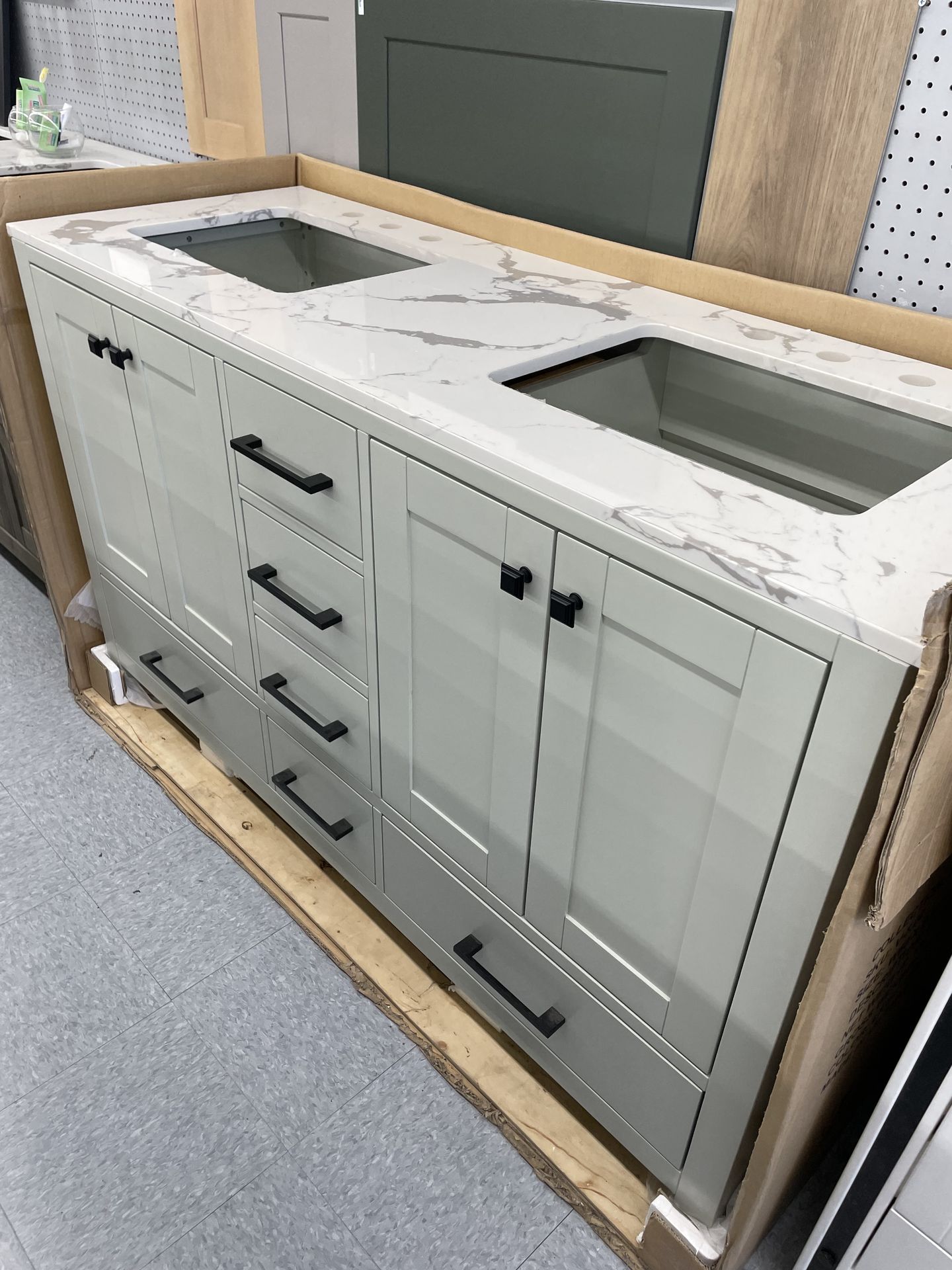 Bathroom vanity cabinet 60” solid mango Quartz top with sinks and backsplash