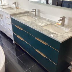 60” Bathroom Vanity Cabinet New Solid Wood Fully Assembled With Softclose Drawers Marble Top With 2 Sinks Attached 