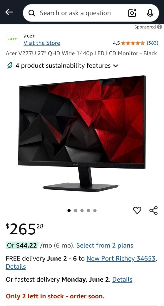 Acer V277U 27" QHD Wide 1440p LED LCD Monitor - Black computer PC MAC HDMI DP