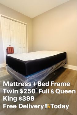 🌟 Queen Mattress, Box Spring, and Rails Frame Set - Delivery Today And Pay On The Delivery