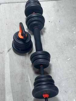 🏋️ ADJUSTABLE DUMBBELLS — CLEARANCE SALE!  $1 per pound! Each pair weighs approximately 30 lbs and is only $30.  Includes the connecting bar and plas