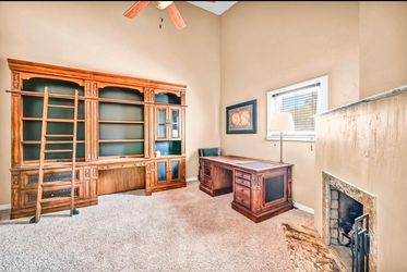 Large Wood Library Bookcase with Rolling Ladder and Desk