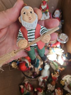 Gnome on Broomstick Christmas Ornament and figurines. Great Condition