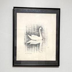 Vintage Swan Swimming In The Lake Wall Art Drawing Signed Barbara Paratore