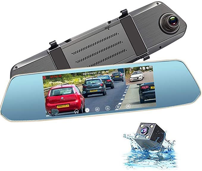 Mirror Dash Cam, Caidrox 7 inch Touch Screen Dual Lens Dash Cam Front and Rear Rear View Mirror Camera 1080P with G-Sensor PORMIDO and Night Vision, W