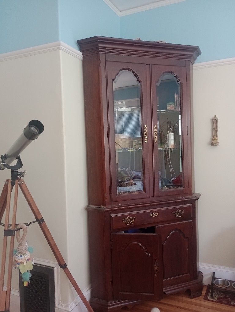 Roxton Temple Stuart Red Mahogany Corner Armoire with Glass Doors